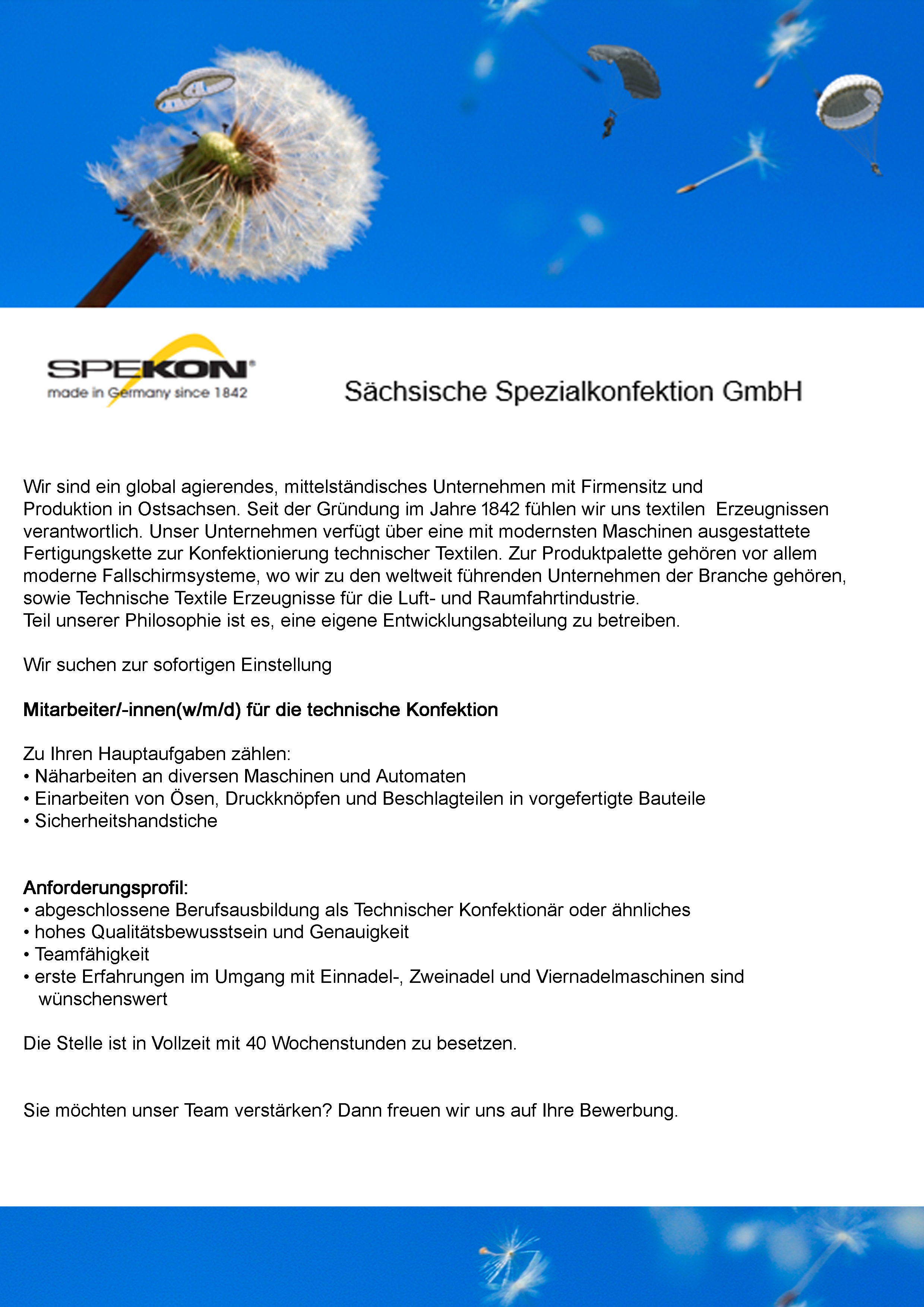 Bild zur Stelle Mitarbeiter/-innen  (w/m/d) für die technische Konfektion